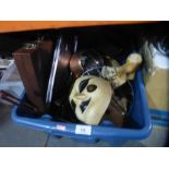 Box of collectables to include masks, tea caddy, copper pans, cased backgammon etc