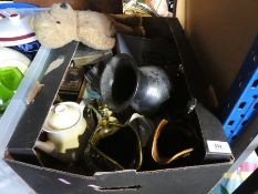 Box vintage tins, teddy bear, books, jugs etc