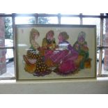 Three oval wall mirrors and a watercolour of four ladies, signed and dated 1975