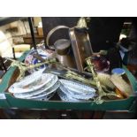 A box of collectables to include brass candlesticks, silver brush set, copper kettle etc