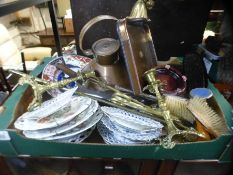 A box of collectables to include brass candlesticks, silver brush set, copper kettle etc