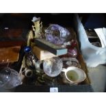 A box of mainly glassware, vases, cutlery etc