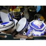 Crate of blue and white china - including Delft, Masons, Spode and a small blue and white Oriental b