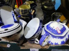 Crate of blue and white china - including Delft, Masons, Spode and a small blue and white Oriental b