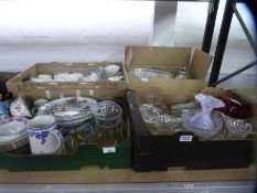 Four boxes of mixed china and glassware to include pretty tea ware, figurines, vases etc