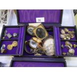 An interesting box of costume and other items including miniatures, portrait charms, buttons etc