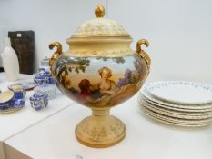 A Sevres style double handled lidded urn, decorated with a Francois Boucher Shepherd and Shepherdess