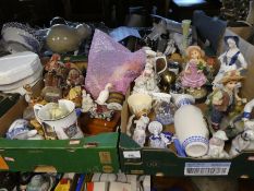3 Boxes of mixed china to incl. figurines, blue and white plates, models of Indians etc