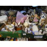 3 Boxes of mixed china to incl. figurines, blue and white plates, models of Indians etc