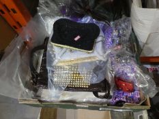 A box containing vintage linen, ladies handbags, ties, handkerchiefs etc