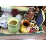 A crate of mixed china, glass and brass with electro fitting light shades