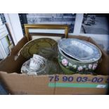 Two boxes of mixed china and glassware incl. Collectors plates, decanters, Wedgewood plates etc