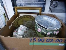 Two boxes of mixed china and glassware incl. Collectors plates, decanters, Wedgewood plates etc