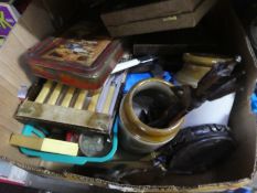 A box of collectables to include vintage tins, cutlery, sewing accessories, etc