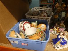 Box of vintage dolls house furniture and 2 boxes of miniature teaware etc