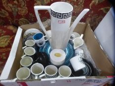 Two boxes of china to include Portmeirion teaware, Susie Cooper cups, Staffordshire saucers etc