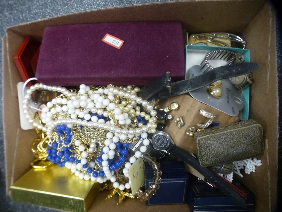 A box of mixed costume jewellery comprising necklaces, earrings, watches etc