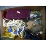 A box of mixed costume jewellery comprising necklaces, earrings, watches etc