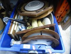 A crate of mixed china and sundry items to include Staffordshire figures, three decanters, figurines