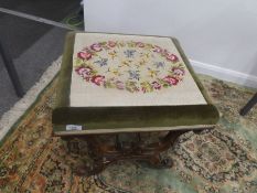 A regency tapestry top square footstool on X frame support