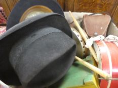 Box vintage musical instruments, bowler hats etc