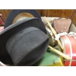 Box vintage musical instruments, bowler hats etc