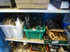 Three boxes of mixed china, glass and sundry items to include Tribal carvings, cow bells, stone ware