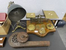 Antique postal scales with weights, brass table lamp with green shade etc