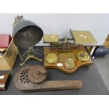 Antique postal scales with weights, brass table lamp with green shade etc