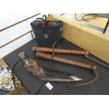 Two vintage Truncheon, Sheath hunting knife and a cased set of binoculars