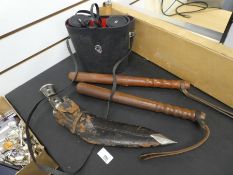 Two vintage Truncheon, Sheath hunting knife and a cased set of binoculars