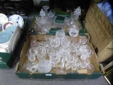 Two boxes of mixed cut crystal and other glass decanters, drinking vessels etc