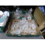 Two boxes of mixed cut crystal and other glass decanters, drinking vessels etc