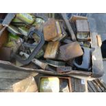 A Box of old tins some full with nails etc. clamps and power tools