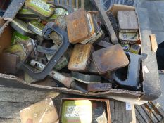 A Box of old tins some full with nails etc. clamps and power tools