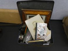 An old tin containing collectables, artist equipment, mother of pearl new testament book etc