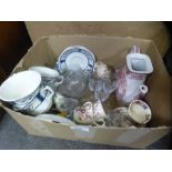 Two boxes of mixed china, glass and sundry items to include blue and white china, Mason's tea ware,