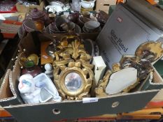 Box of mixed items to incl. cloisonné vase, silver plated photo frames, mini gilded wall mirrors etc