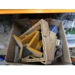 Box collectables incl. vintage leather cased binoculars, bookends, old maps etc