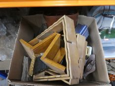 Box collectables incl. vintage leather cased binoculars, bookends, old maps etc