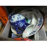 A box of Oriental and other blue and white china to include Delft