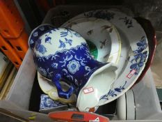 A box of Oriental and other blue and white china to include Delft