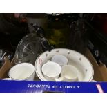 4 Boxes of mixed china, glass and sundry items to incl. egg containers, vases, powerade mascot figur