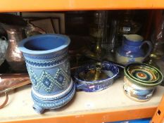 A large quantity of mixed copper and brassware including three brass oil lamps, framed and glazed et