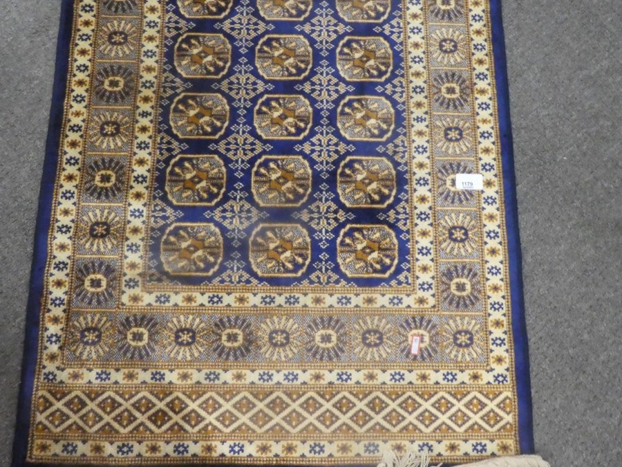 Oriental blue ground silk payer mat 57x26inch  and a middle eastern geometric design carpet 54 x 29i - Image 7 of 7
