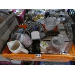 4 Boxes of mixed china and glass and sundries incl. decanters, vases, Johnsons Bros teaware, frames