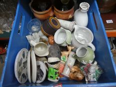 A crate of mixed china ware to include Poole plates, Hornsea china, character jugs, Wedgwood style