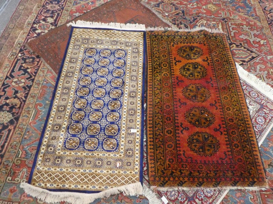 Oriental blue ground silk payer mat 57x26inch  and a middle eastern geometric design carpet 54 x 29i - Image 5 of 7