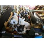 3 Boxes of mixed ceramics incl. model cats, candlesticks, glass cakestand etc