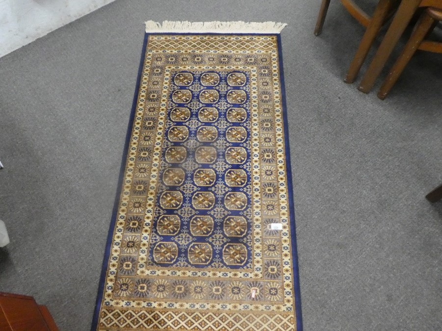 Oriental blue ground silk payer mat 57x26inch  and a middle eastern geometric design carpet 54 x 29i - Image 6 of 7